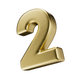 Volumetric golden number two, isolated on a transparent background. 3D digit 2 in metal with a matte texture. Photorealistic render.
