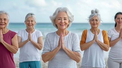 Close-up Seniors participating in a yoga class on the beach, celebrating International Day of Older Persons, promoting health and happiness, with the ocean and sunrise in the background, copy space