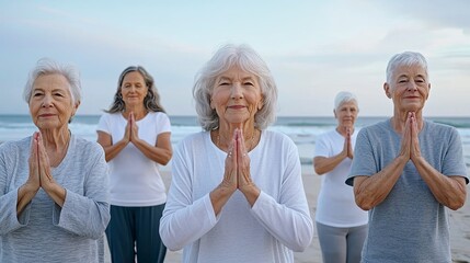 Close-up Seniors participating in a yoga class on the beach, celebrating International Day of Older Persons, promoting health and happiness, with the ocean and sunrise in the background, copy space