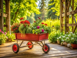 Vintage little red wagon filled with fresh flowers and greenery parked on a sunny weathered wooden porch surrounded by lush garden foliage.