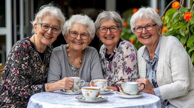 Close-up Group of senior women having a tea party in a beautifully decorated garden, celebrating International Day of Older Persons, sharing laughter and stories, fostering friendship and joy. - Powered by Adobe
