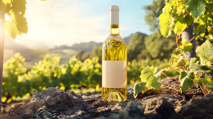 Elegant white wine bottle mockup in a picturesque vineyard under bright sunshine for logo placement and promotional text