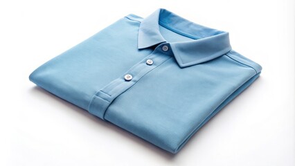 Crisp, neatly folded light blue polo shirt with buttons and collar, resting on a smooth white background, ready for packaging or dressing.