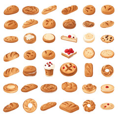 bakery seamless texture pattern background, bun baguette ice cream bread tart cake as confectionery and snacks