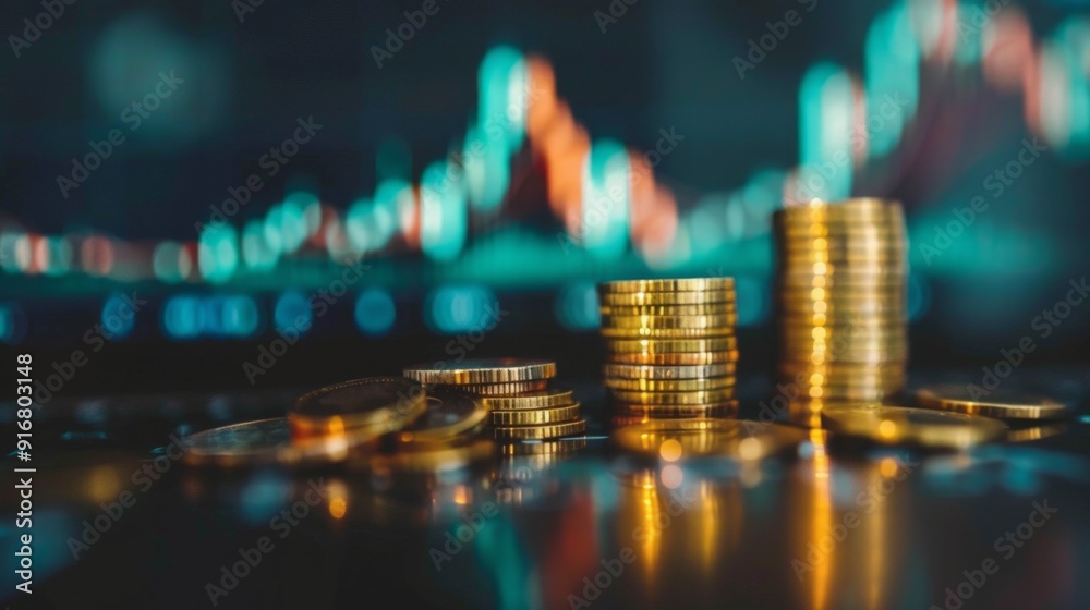 Poster A pile of gold coins sits on a table in front of a graph