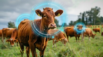 Fototapeta premium Advanced High-Tech Sensors Monitoring Livestock: Precision Technology in Action for Modern Cattle Management