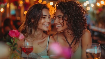 Two women laughing and looking at each other in a restaurant.
