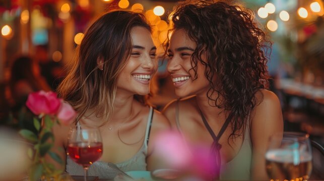 Two women laughing and looking at each other in a restaurant.