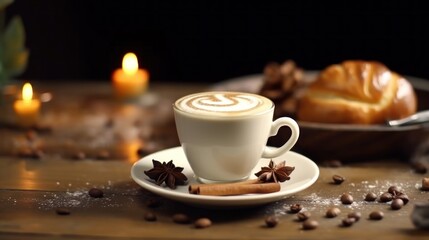 Fototapeta premium Cappuccino and Croissant with Warm Lighting