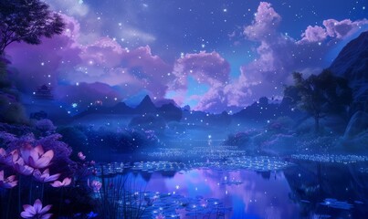Fototapeta premium Fantastical dreamscape with floating clouds, magical flora, and shimmering lakes, transporting viewers to a whimsical world