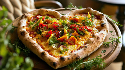 Heart-shaped vegetarian pizza topped with fresh colorful vegetables, highlighting its delicious appeal. Perfect for romantic dining and Italian cuisine lovers.