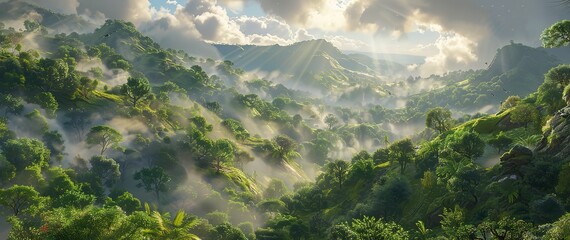 A lush, green mountain valley shrouded in mist with sunbeams piercing through the clouds. The scene evokes a sense of tranquility and natural beauty.