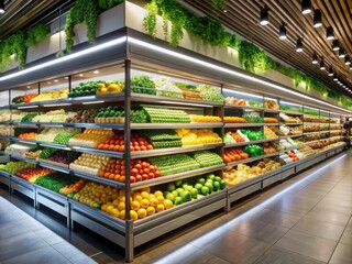Fresh produce and packaged goods line the shelves of a modern supermarket, illuminated by soft lighting and assisted by a digital shopping guide display.