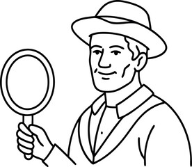 Black And White Drawing Of A Man With A Hat And Mirror
