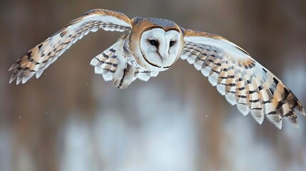 A majestic owl in flight, with soft colors and delicate details