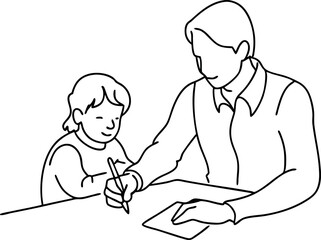 Father Helping Young Child With Homework Illustration