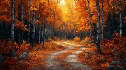 Fototapeta premium Winding Forest Path Surrounded by Vibrant Autumn Foliage and Tall Birch Trees, Illuminated by Golden Sunlight on a Crisp Fall Morning