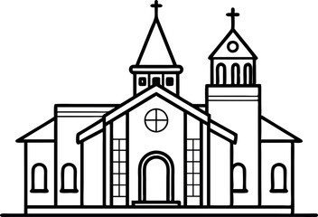 Black and White Line Drawing of a Church Building