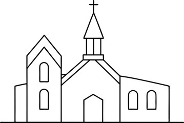 Simple Line Drawing of a Church Building with Steeple