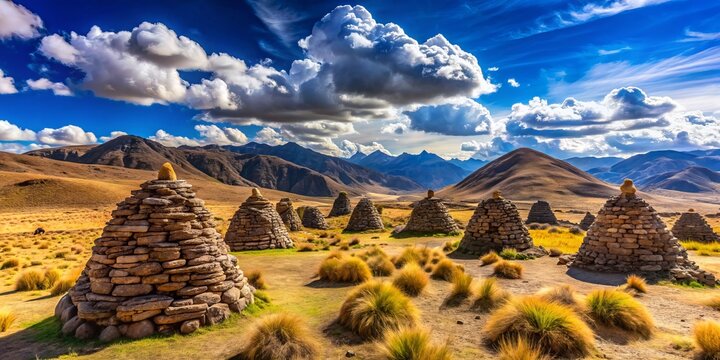 Sacred Andean landscape featuring apachetas, small stone mounds built for spiritual blessings, under a vibrant blue sky in Peru.