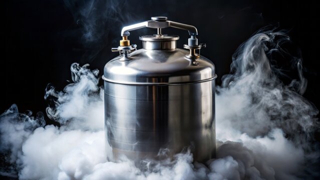 Silver cryogenic tank filled with liquid nitrogen, mist swirling around the valve, against a dark background, showcasing the frozen substance's cryogenic properties.