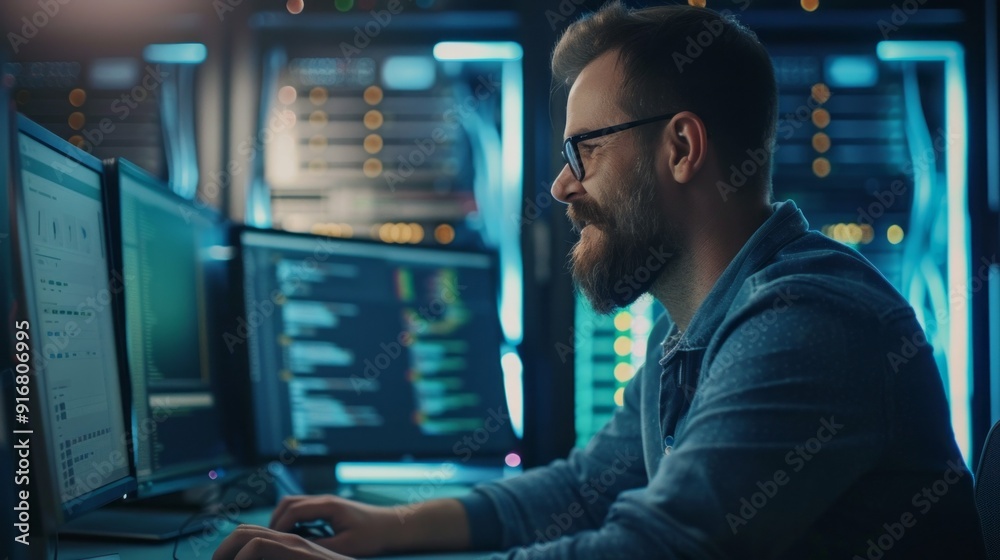 Poster A man with glasses is sitting in front of a computer with two monitors