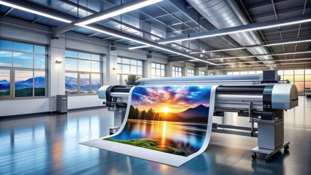 State-of-the-art wide format printer in a modern office prints high-quality large-scale graphics, blueprints, and posters on large rolls of paper or vinyl.