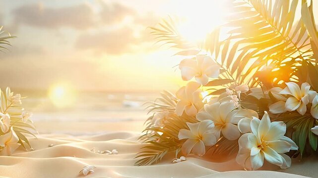 A beach scene with a white flower arrangement in the foreground. The flowers are surrounded by sand and the sky is cloudy