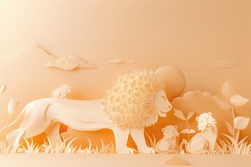 Whimsical Paper Cut Scene of Lion and Cubs - Nature Art for Wall Decor, Card Design, Poster Print