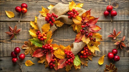 Vibrant autumnal wreath adorned with golden leaves, crimson berries, and burlap ribbon, evoking warmth and gratitude, perfect for seasonal holiday decorations and gatherings.