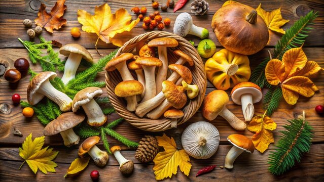 Vibrant assortment of wild mushrooms, including chanterelles, boletes, and oyster mushrooms, arranged artfully on a rustic wooden table amidst lush greenery and fallen leaves.