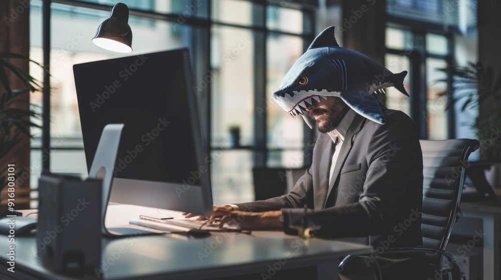 Poster a man wearing a shark mask sits at a desk in front of a computer