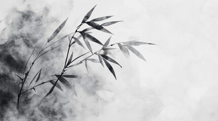 Obraz premium Ethereal Chinese ink painting of bamboo leaves with smoke-soft lines, ruined and desolate on a light gray backdrop, capturing high def details and light depth for a minimalist composition.