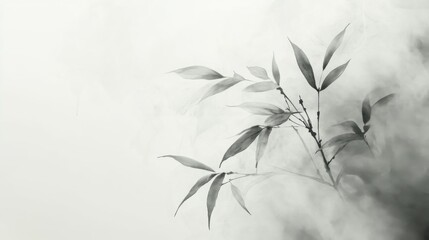 Ethereal Chinese ink painting of bamboo leaves with smoke-soft lines, ruined and desolate on a light gray backdrop, capturing high def details and light depth for a minimalist composition.