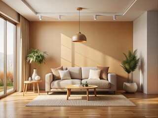 Minimalist beige-walled living room with empty space, natural light, and a warm, inviting atmosphere, perfect for decorating and styling.