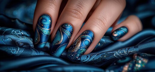 Close up of a hand with blue and gold nail art design on a blue fabric background.