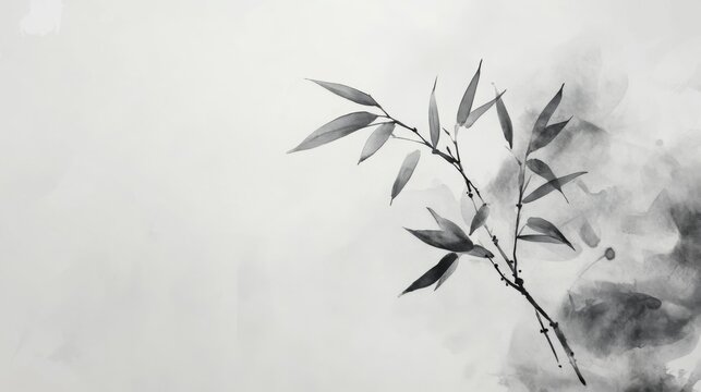 Ethereal Chinese ink painting of bamboo leaves with smoke-soft lines, ruined and desolate on a light gray backdrop, capturing high def details and light depth for a minimalist composition.