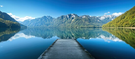 Tranquil Mountain Lake with Concrete Dock and Reflection