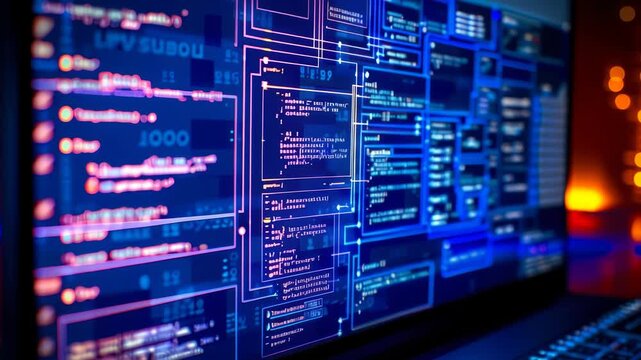 Dynamic Code Visualizations on Computer Screen at Nighttime, Programming Layout, Software Development, Tech Coding, Illuminated Background