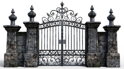 Castle's ancient iron gate on white backdrop