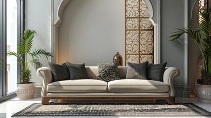 Modern Arabic Interior Design with Sofa and Ornamental Screen
