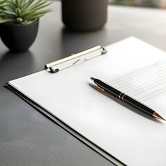 Modern office desk with clipboard and black pen.