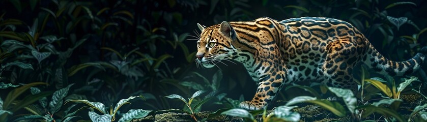 Ocelot stalking in jungle shadows, photorealistic, detailed fur pattern, rich green backdrop, high contrast lighting 8K , high-resolution, ultra HD,up32K HD
