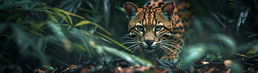 Obraz premium Ocelot stalking in jungle shadows, photorealistic, detailed fur pattern, rich green backdrop, high contrast lighting 8K , high-resolution, ultra HD,up32K HD