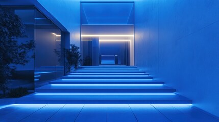 Modern Blue Illuminated Staircase in a Minimalist Interior