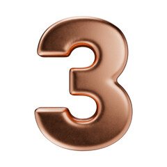 Volumetric copper number 3, isolated on a transparent background. 3D digit three in pink gold with a matte texture. Photorealistic render.