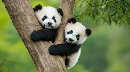 Obraz premium Two adorable panda cubs are playfully climbing and exploring a tree, showcasing their black-and-white fur against a bright, natural backdrop