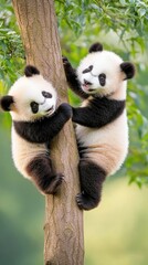 Obraz premium Two adorable panda cubs are playfully climbing and exploring a tree, showcasing their black-and-white fur against a bright, natural backdrop