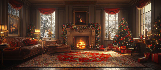 Obraz premium christmas tree decorations, santa claus with gifts, snowman in the snow, christmas gift boxes 