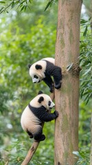 Obraz premium Two adorable panda cubs are playfully climbing and exploring a tree, showcasing their black-and-white fur against a bright, natural backdrop